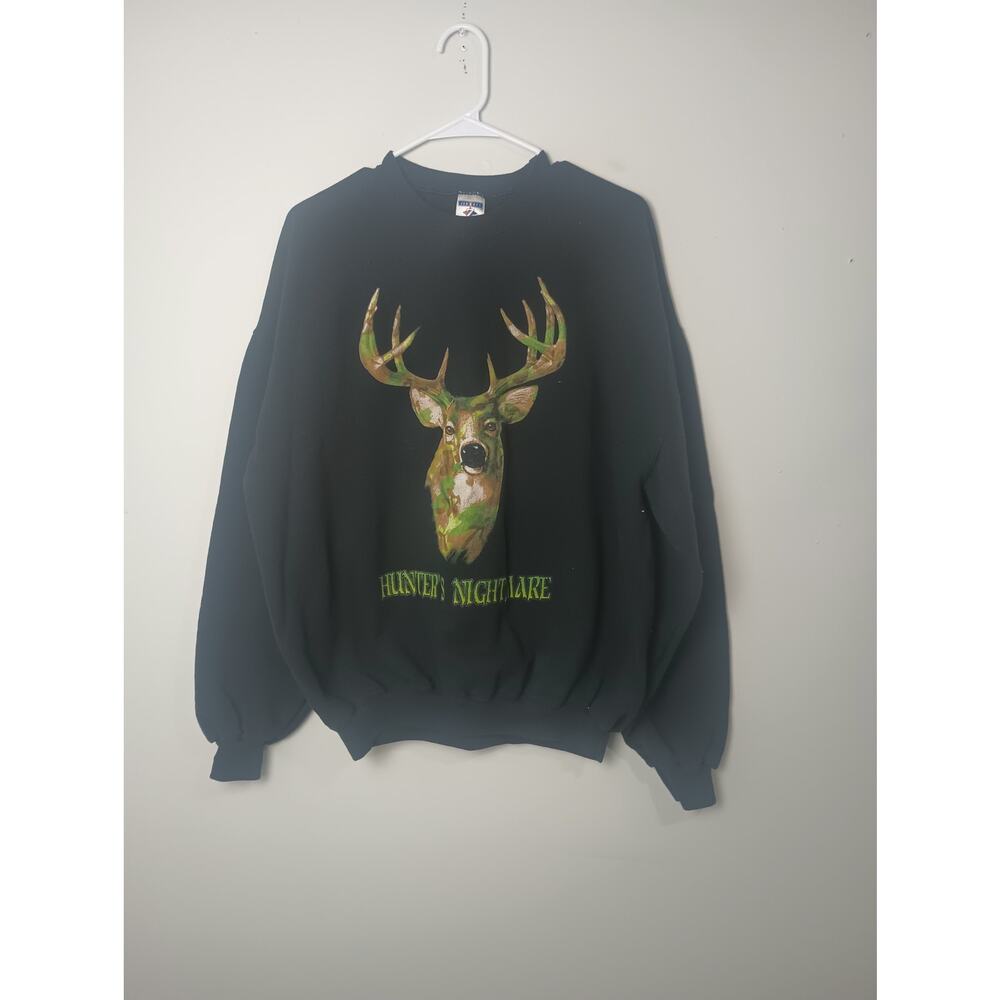 Vtg Jerzees Hunter's Nightmare Black Crewneck Sweatshirt Camo Buck Hunting Deer